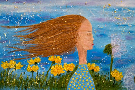 Dandelion Painting Portrait Original Art Female Portrait Painting Girl Portrait Oil Canvas Artwork Ready to Hang Home Wall Art 24 by 16" by Halyna Kirichenko