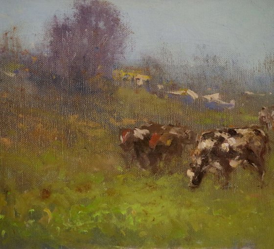 Cows in the Meadow, Landscape, Original oil Painting, Impressionism, Signed, One of a Kind