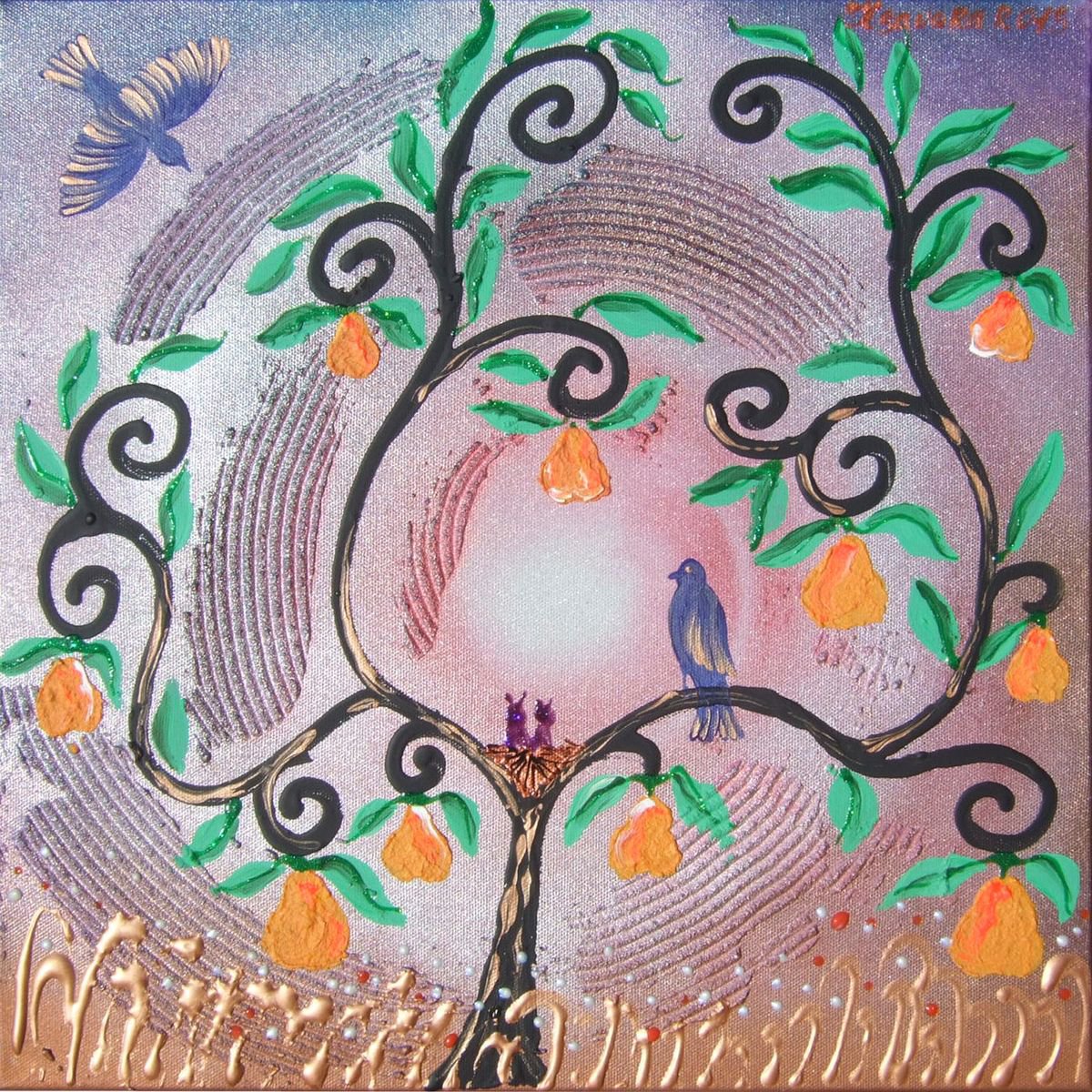 Pear tree and blue birds textured painting T014 original floral art 40x40x2 cm stretched... by Ksavera