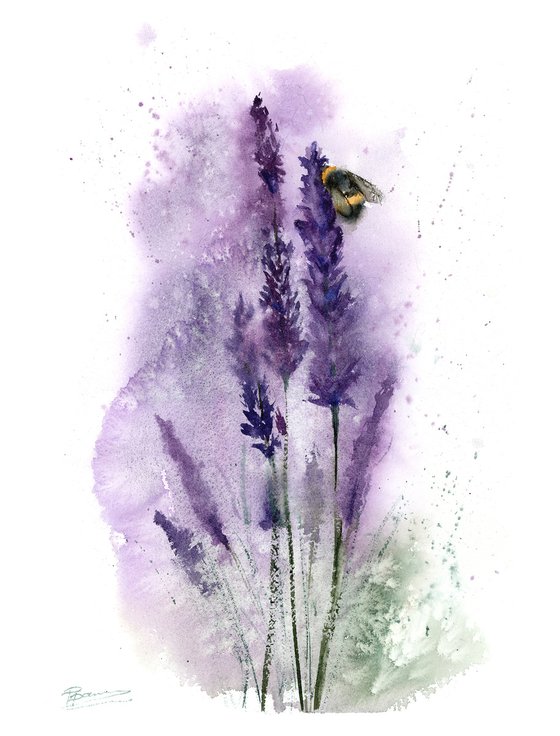 Lavender with bee  (2 of 2) - Original Watercolor Painting