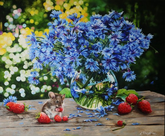 Still life with Blue Flowers and curious little mouse among succulent strawberries