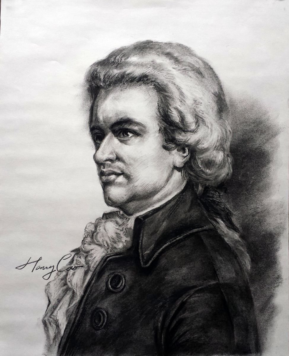 Photorealistic Portrait Charcoal Drawing By Henry Cao, 14 X 17, Mozart - Great Musician, Original Artwork