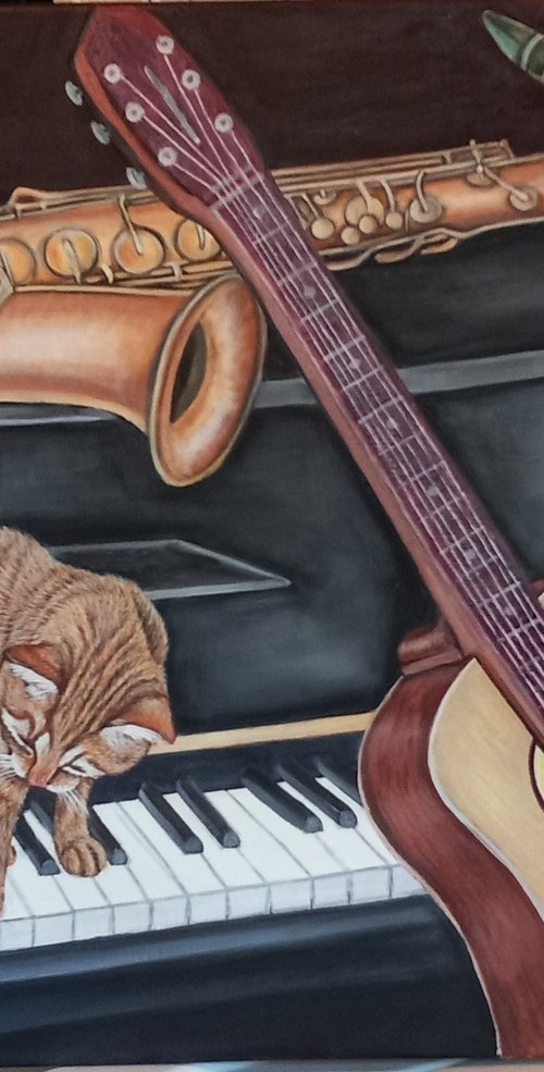 Playing Music: Ginger cat with Piano, Saxophone, and Guitar by Sofya Mikeworth