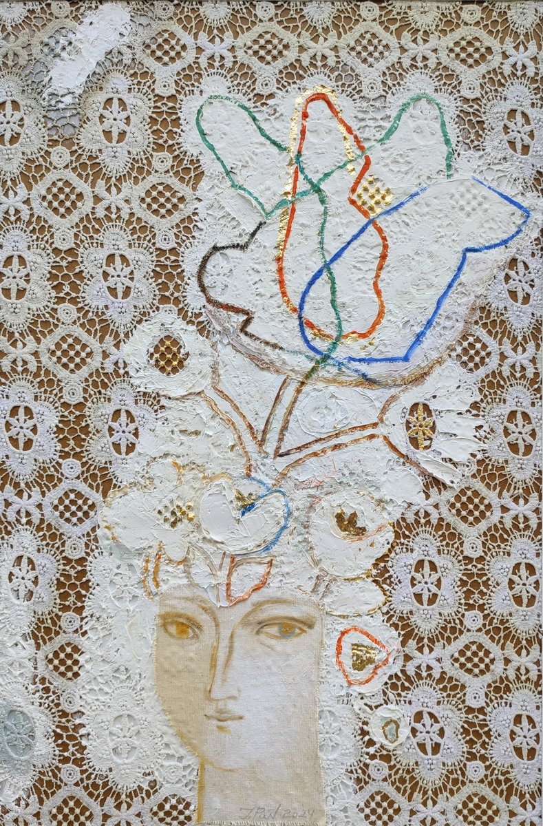 Impressionistic Portrait Oil Painting By Inna Pantelemonova, 28 X 20, White Flower, Original Artwork