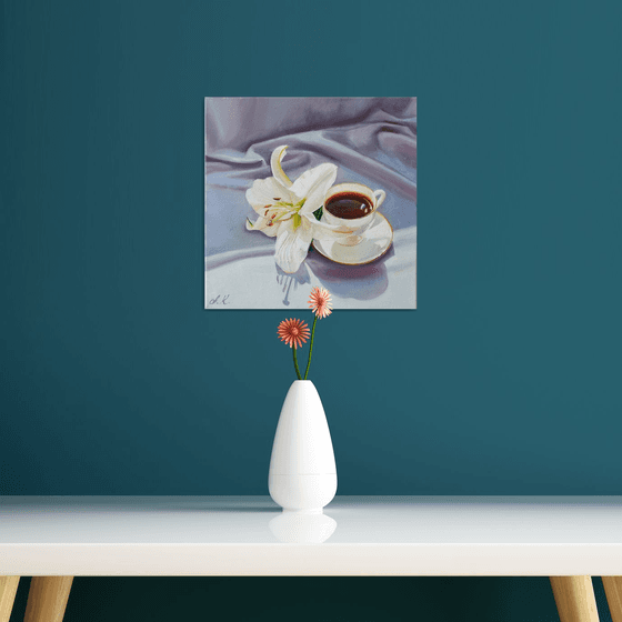 "A small cup of aromatic coffee. "  still life summer  white liGHt original painting  GIFT (2021)