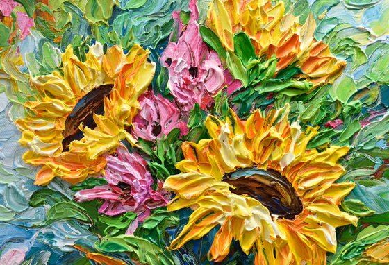 Sunflower Bouquet - Original Floral Painting on Canvas, Palette Knife Art, Textured Impasto Artwork