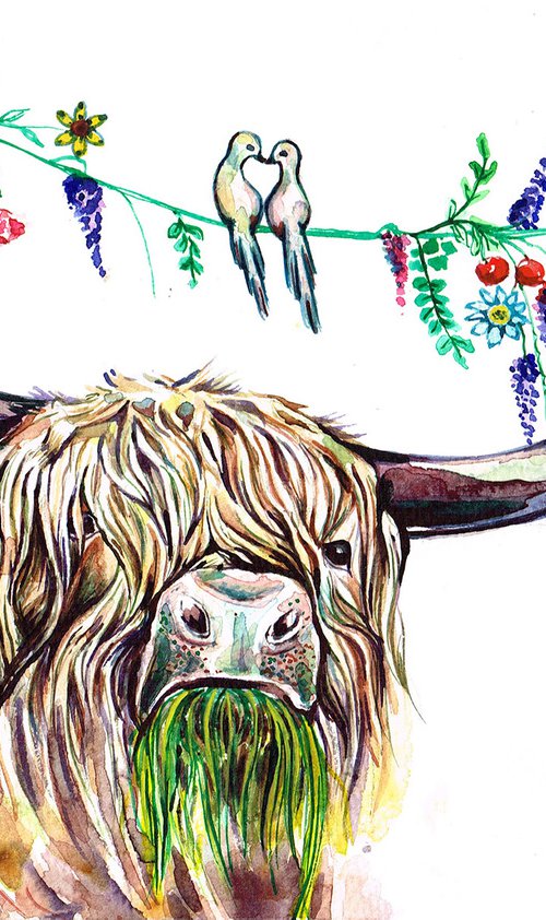 Highland Moo Cow in Spring with Love Birds by Diana Aleksanian