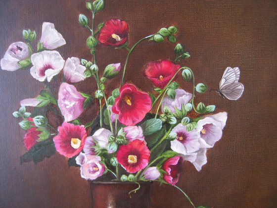 Hollyhocks Floral Bunch, Dark and Moody Brown Still life