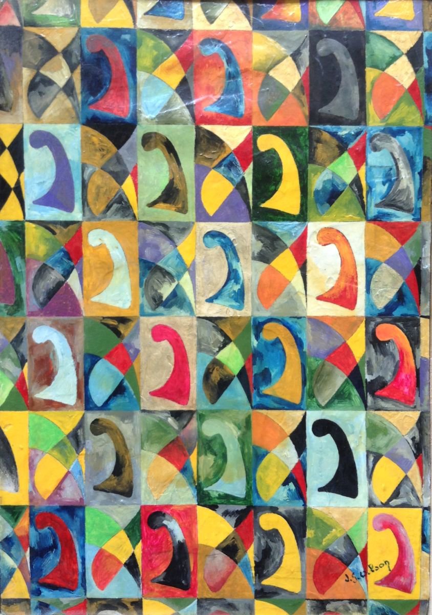 Geometric Abstract Oil Painting By Jg Wilson, 9 X 13, Movement Of Commas, Original Artwork