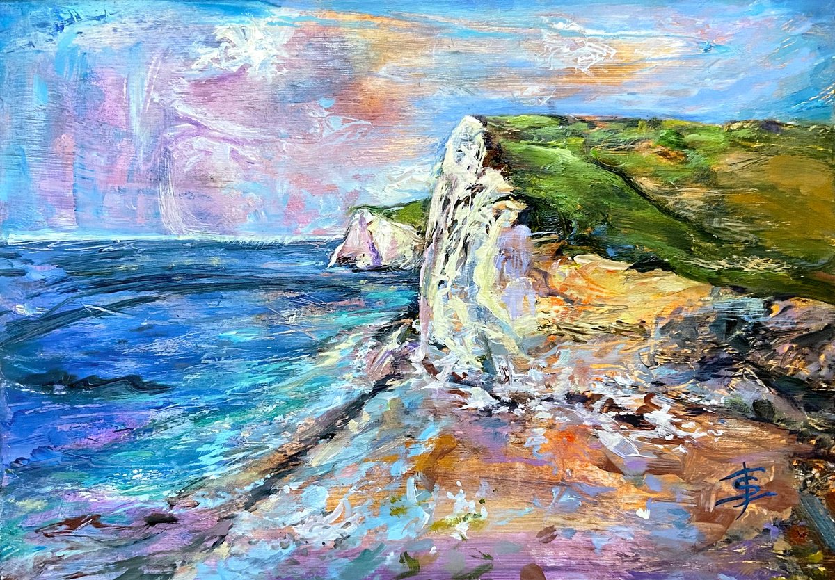 Impressionistic Landscape Oil Painting By Elvira Sesenina, 10 X 7, Jurassic Coast, Original Artwork