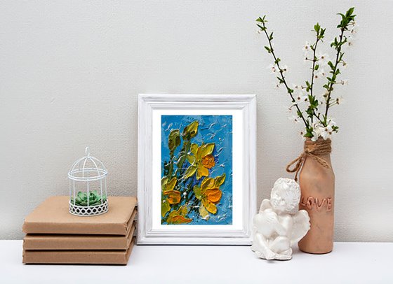 Daffodil Painting Floral Original Art Flower Oil Impasto Artwork Small Wall Art 4 by 6" by Halyna Kirichenko