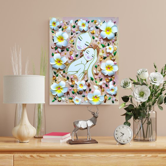 Mother Earth and baby girl. Summer floral woman with white flowers