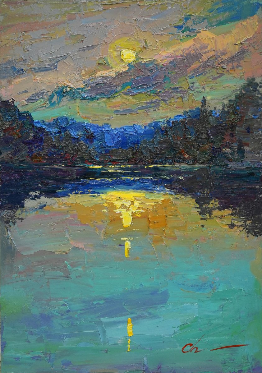 Impressionistic Landscape Oil Painting By Serhii Cherniakovskyi, 14 X 20", Magic Of The Moonlight, Original Artwork