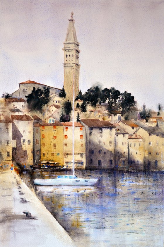 Bela ladja na Jadranskom moru Rovinj Hrvatska 35x54cm 2023