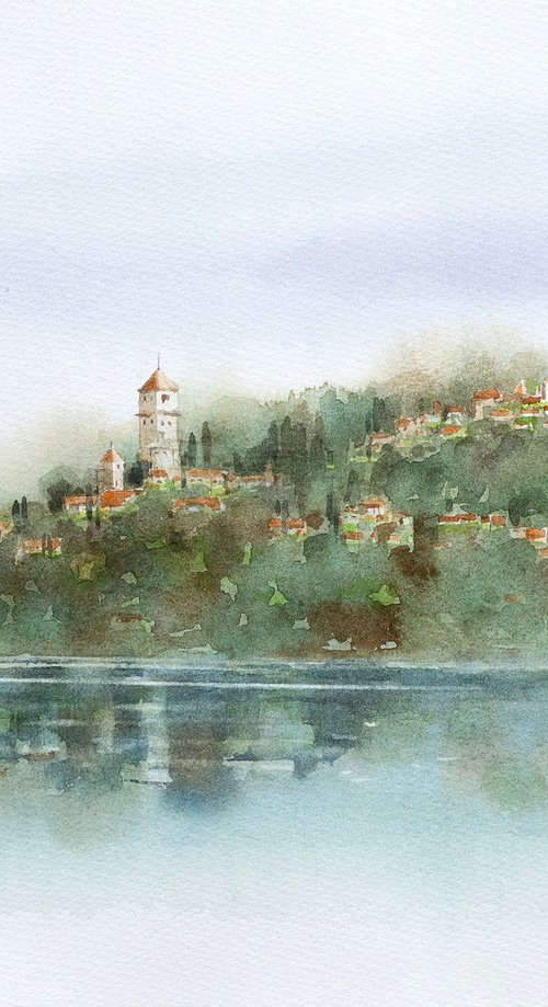 Lakeside Town - Watercolor Painting by Masato Watanabe