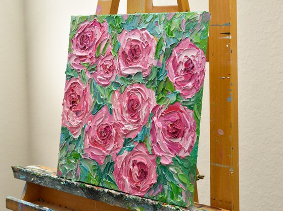 Pink Roses - Heavy Impasto Floral Painting, Palette Knife Art