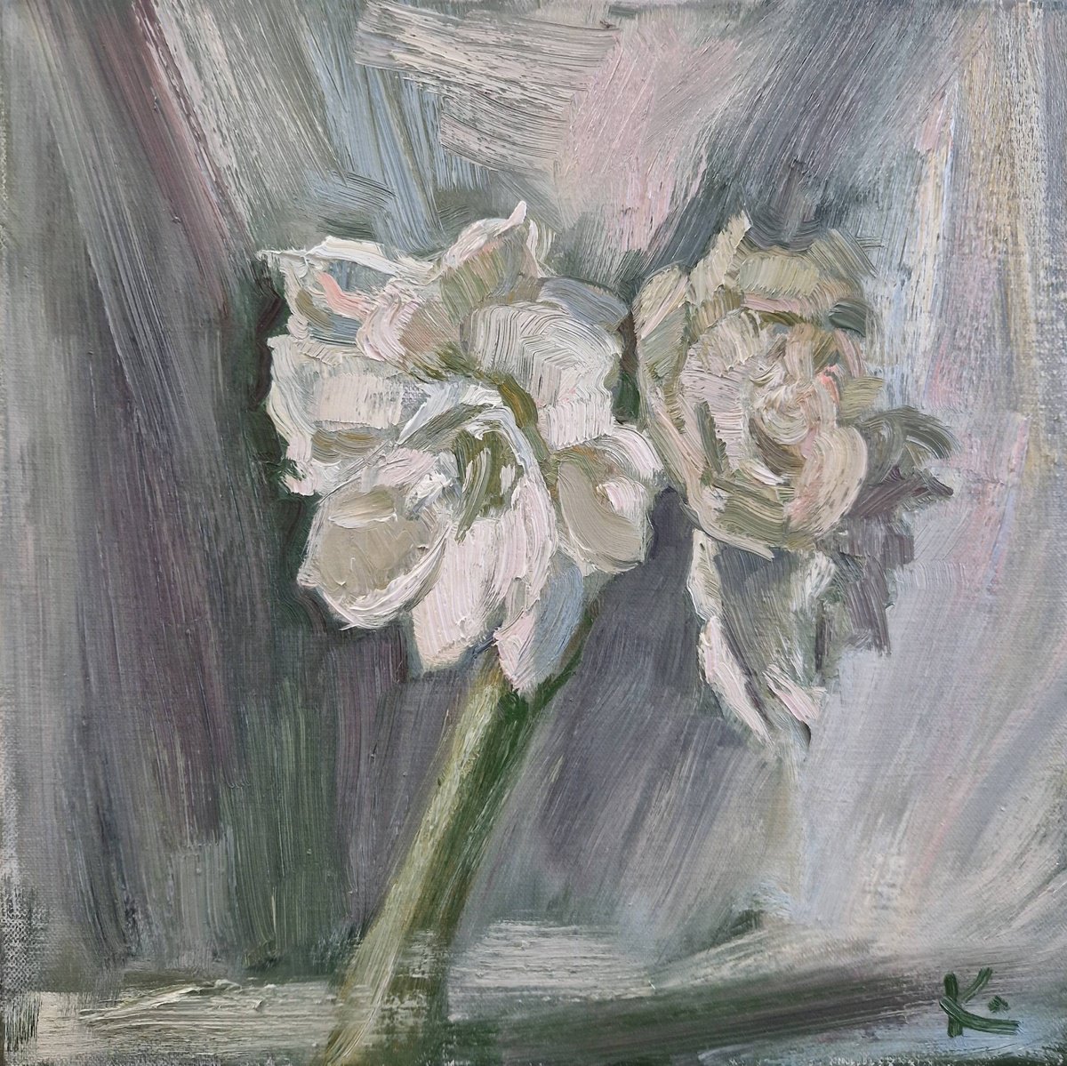 Impressionistic Still Life Oil Painting By Olena Kolotova, 16 X 16", Still-Life With Flower "White Amaryllis", Original Artwork