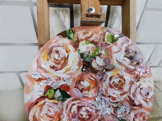 Peonies flowers painting on round canvas, Textural floral painting