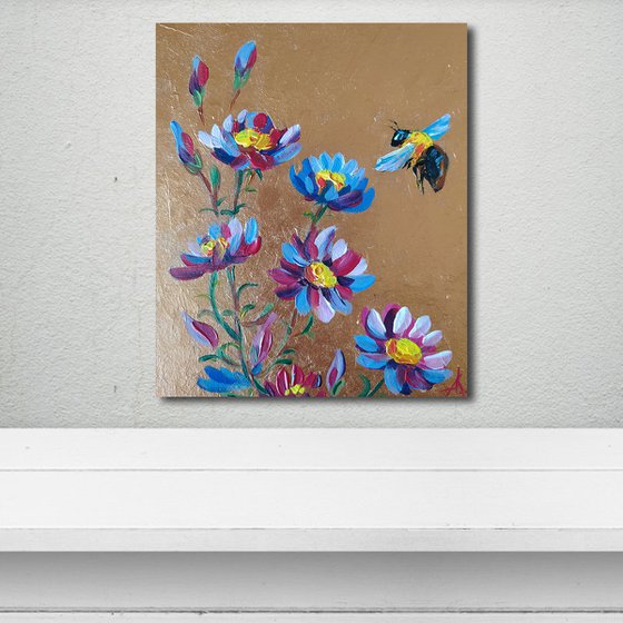 Flight in flowers - acrylic, bumblebee, flowers, painting, chamomile, gift idea, acrylic painting, small painting, postcard size