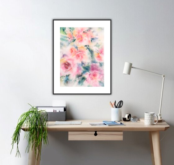 Pink roses, watercolor floral painting