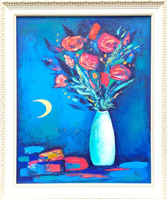 Flowers in the vase and rising moon