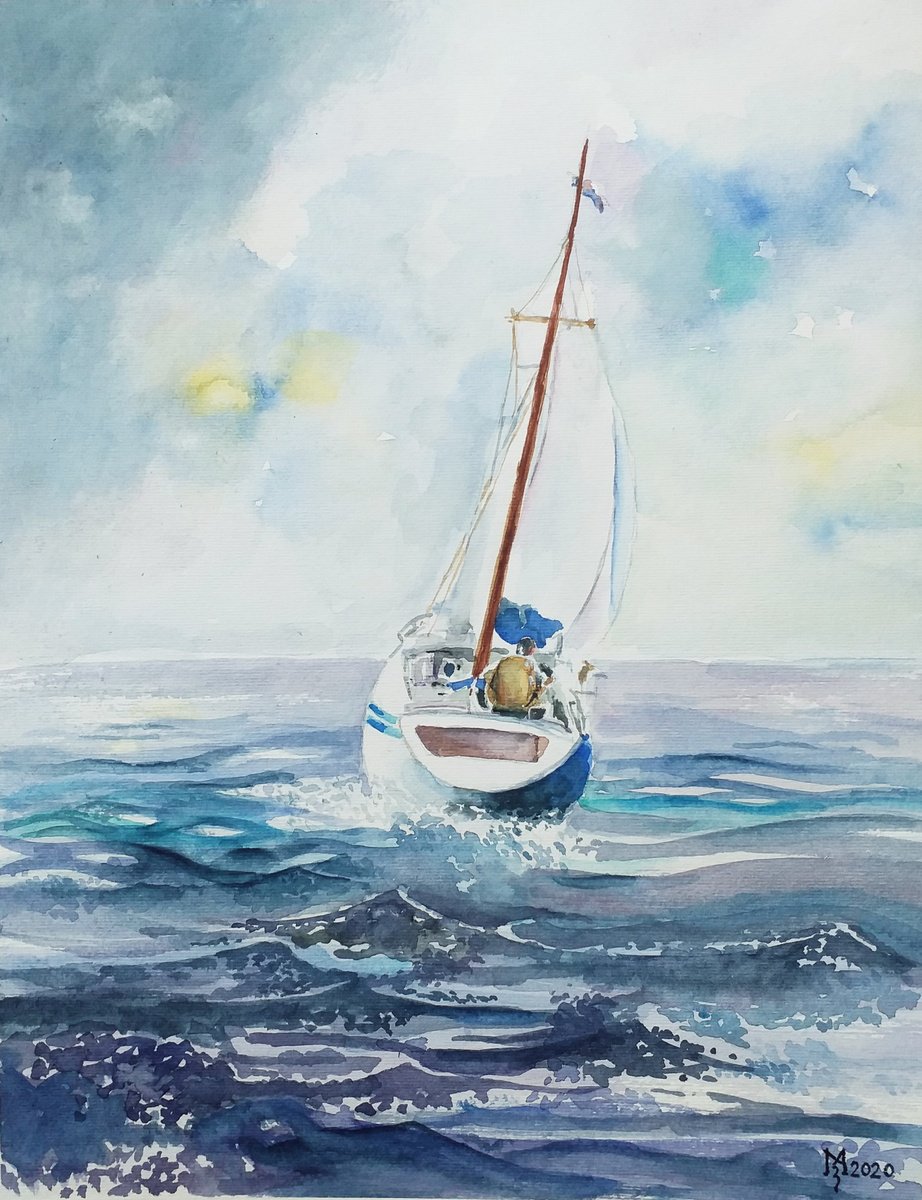 Impressionistic Landscape Watercolour By Zoran Mihajlovic Muza, 10 X 13", Sailing, Original Artwork