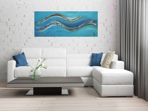 Oceans Breeze  - abstract acrylic painting canvas wall art blue gold metallic modern art