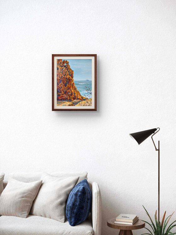 Mediterranean Cliff and Distant Ship