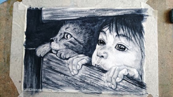 Curiosity. Monochrome watercolor painting.