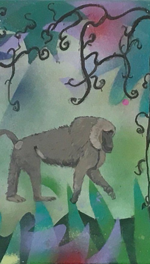 Baboon in jungle by Chihiro Kinjo