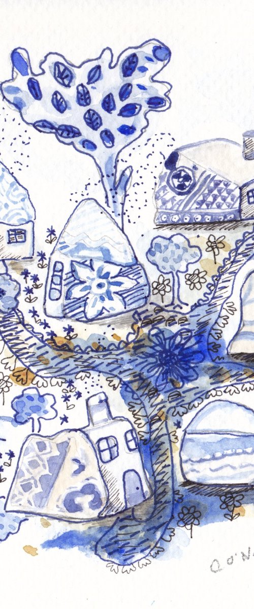 Blue and White Beach Pottery Village by Catherine O’Neill