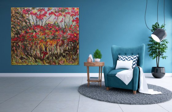 CHARMING AUTUMN COLOURING - XL large landscape painting original, oil on canvas, red autumn, interior art home decor 170x200