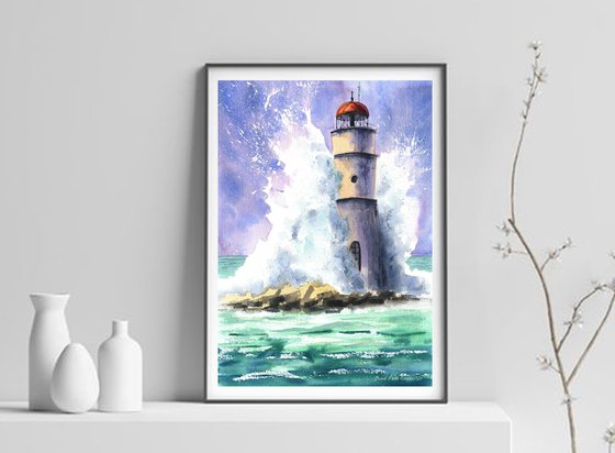 Lighthouse in the waves  original watercolor artwork with sea , waves, decor for living room, decor for nursery, gift for him