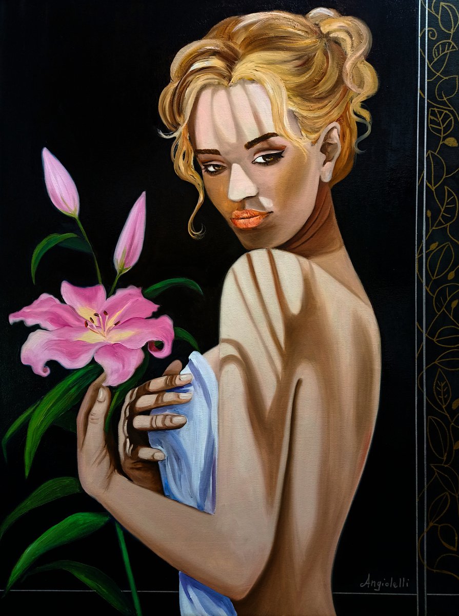 Photorealistic Portrait Oil Painting By Anna Rita Angiolelli, 24 X 31, Portrait With Lily, Original Artwork