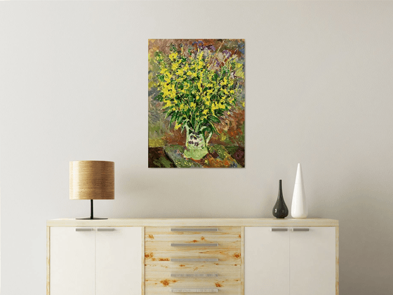 BOUQUET OF SUMMER FLOWERS - still-life, floral art, original painting oil on canvas,  wild flowers in vase, gift , Valentine's day, home decor 80x60cm