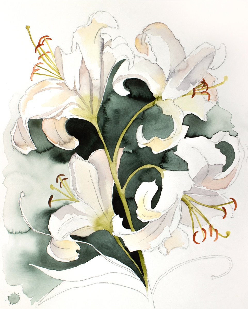 Expressive Botanical Watercolour By Elizabeth Becker, 16 X 20, Lilies No. 16, Original Artwork