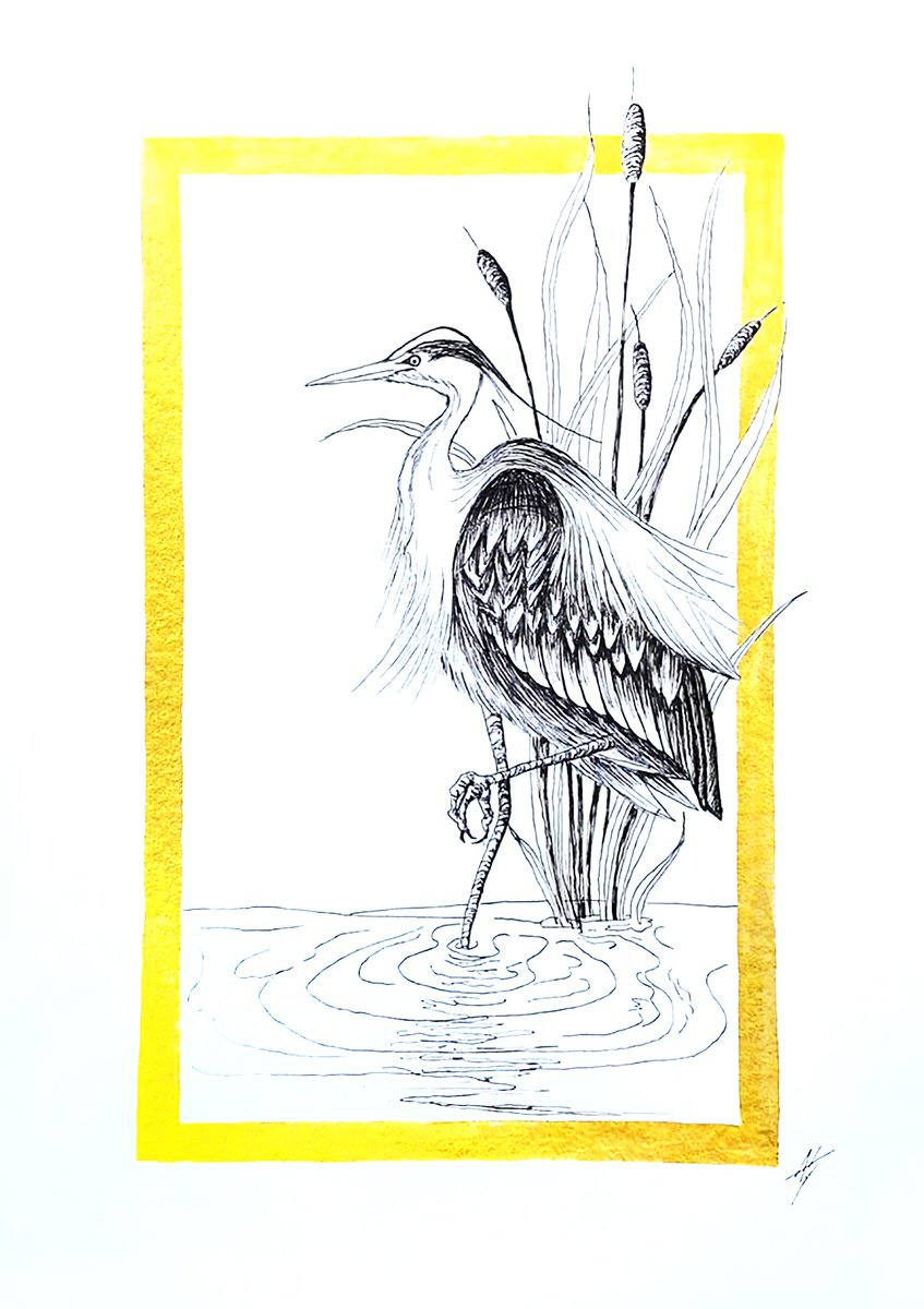 Animal Ink Drawing By Aneta Gajos, 14 X 20, Heron, Original Artwork