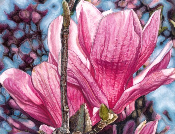 Original Magnolia Painting | Magnolias in Astoria | Soft Pastel Drawing | Pink Flower Home Decor