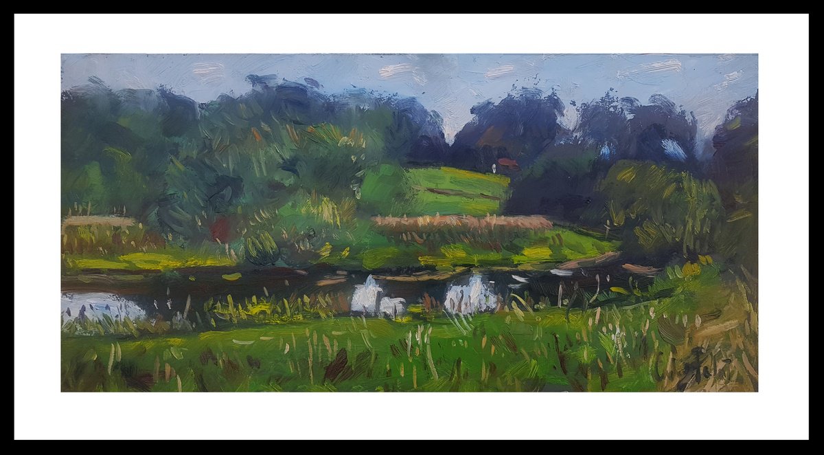 Impressionistic Landscape Oil Painting By Andre Pallat, 29 X 17, River Near Coldwaltham., Original Artwork