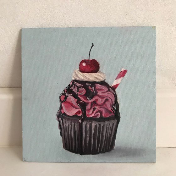 Cupcakes oil art on cardboardc canvas 15x15cm (6x6in)
