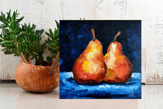 Pear Painting Original Art Couple Fruits Artwork Kitchen Still Life Wall Art