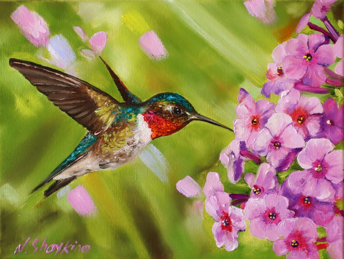 Photorealistic Oil Painting , Hummingbird And Pink Blossoms By Natalia Shaykina, 9 X 7, Artwork For Sale On Artfinder