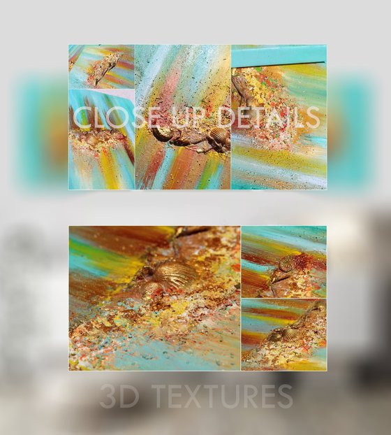 Turquoise Wall Art Triptych, Original Paintings, Hand-painted, Rich Textures, Seascape, Shells, Abstract Art, Ready to Hang - ''Maldivian Memories''