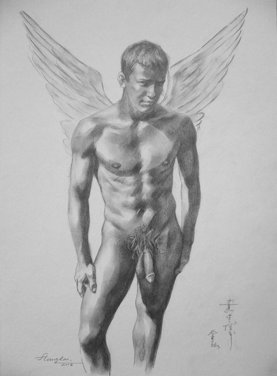 original art drawing charcoal male nude man on paper #16-8-23-01