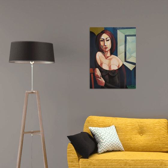Waiting (60x80cm, cubism, oil painting, ready to hang)