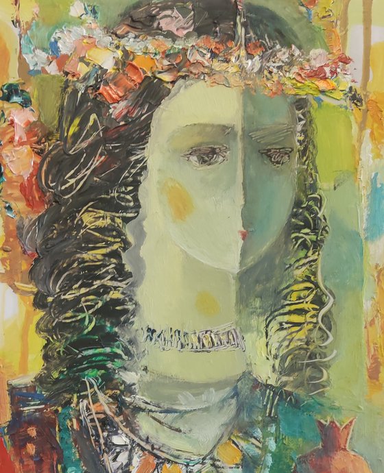Portrait with pomegranate 33x40cm ,oil/paper, abstract portrait