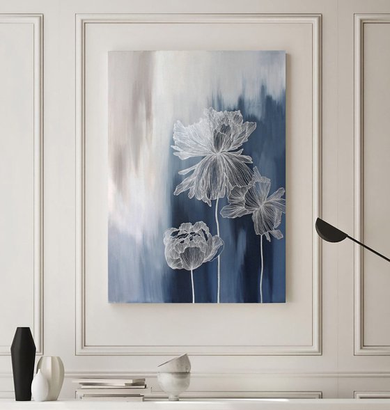 "Thinness 4" Abstract navy silver flowers art