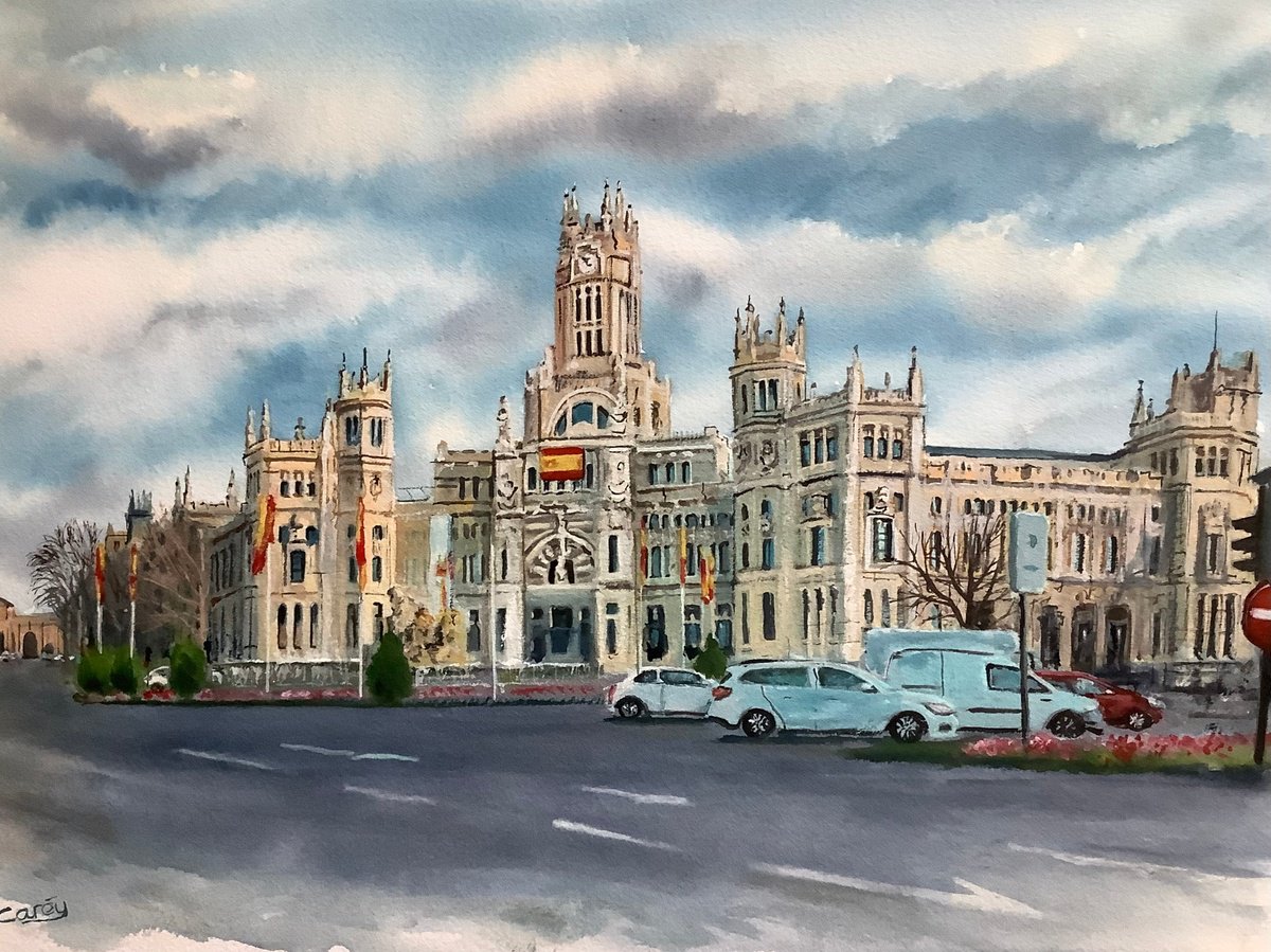 Photorealistic Cityscapes Watercolour By Darren Carey, 15 X 11, Cybele Palace, Madrid. #2, Original Artwork
