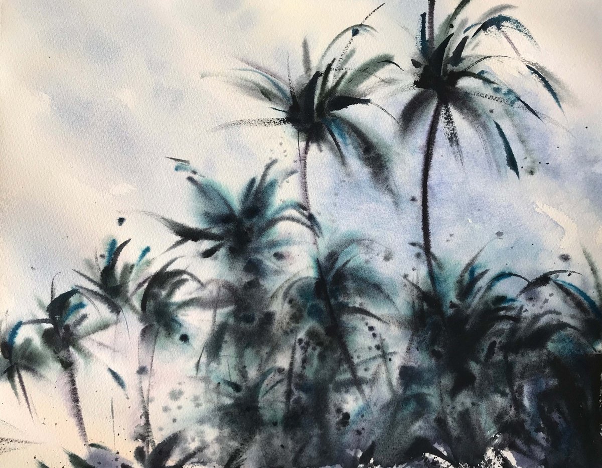 Impressionistic Landscape Watercolour By Galina Poloz, 16 X 12, Palm Trees On The Beach 2., Original Artwork