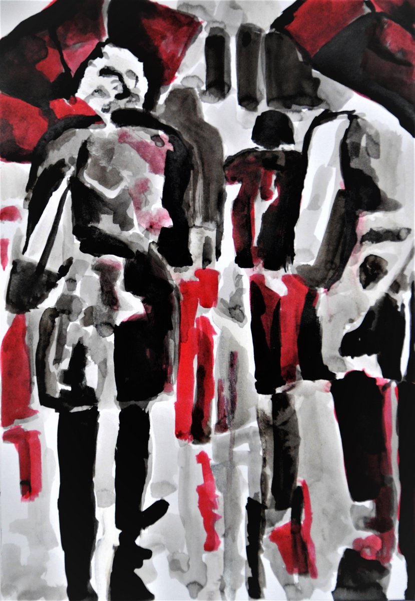 Abstract Portrait Painting By Alexandra Djokic, 14 X 20, Rainy People, Original Artwork